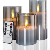 Rikiss LED Kerzen Flammenlose im Glas,Grau Flackernde Kerzen, Säule 7 x10/12/15 CM batteriebetrieben, Kerzen mit Fernbedienung und Timerfunktion