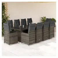 vidaXL 11-tlg. Garten-Bistro-Set mit Kissen Grau Poly Rattan