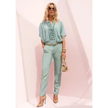 Madeleine Kurzarmbluse Elegante Seidenbluse mit Rüschen Grün 40