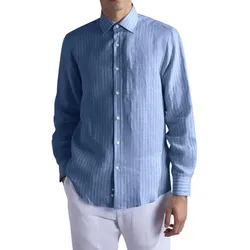 PAUL & SHARK Herren Leinen-Hemd elegantes Freizeit-Hemd gestreiftes Alltags-Hemd 24413090CF VA6 Blau/Weiß - 42