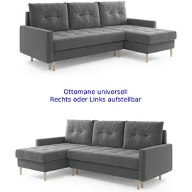 möbel punkt Ecksofa OSLO Samt Grau mit Bett Bettkasten Sofa Schlafsofa Ottomane universell Links oder Rechts