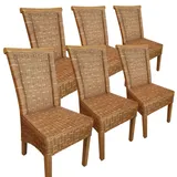 kreatives Wohnen Esszimmer-Stühle Set Rattanstühle Perth 6 Stück braun Sitzkissen Leinen weiß, Holz, Extra breit