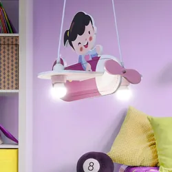 Hängeleuchte Flugzeug pink Kinderleuchte hängend Pendelleuchte Kinderzimmer, Holz, 2x E27 Fassungen, LxBxH 43x40x120 cm