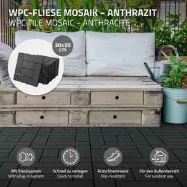 ECD Germany WPC Terrassenfliesen 30x30 cm 11Er Spar Set Anthrazit Mosaik, Holzoptik, Bodenbelag mit Drainage, Terrassendielen Balkonfliesen, Klickfliesen für Terrasse Garten und Balkon