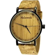 Holzwerk Germany Holzwerk KLAARST flache Damen, Herren Kork & Edelstahl Holz Uhr, beige, schwarz