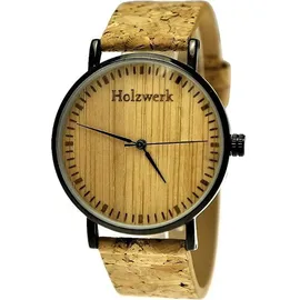 Holzwerk Germany Holzwerk KLAARST flache Damen, Herren Kork & Edelstahl Holz Uhr, beige, schwarz