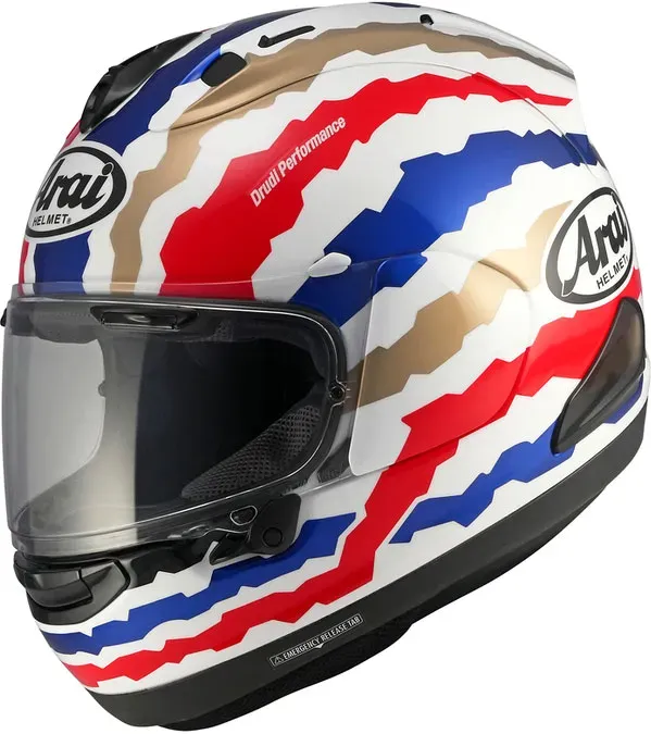 Arai RX-7V Evo Doohan Jubilee Rstyl, casque intégral - Blanc/Bleu/Rouge/Or - S