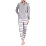 Normann Pyjama Damen Frottee Pyjama mit Bündchen und Herzmotiv und gestreifter Hose grau 40-42