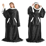 Catalonia Classy Decke mit Ärmeln und Kapuze als Geschenk für Frauen Herren, Flauschig Flanell Kuscheldecke mit Ärmeln, Cozy Warm Decke zum Anziehen Ärmeldecke Erwachsene, 185x140cm, Grau