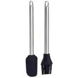 dyck24 2x Küchenbürste Edelstahl-Silikon grau/schwarz Backpinsel Silikon Spatel Spachtel Teigschaber Glasur Küche Kochen Backhilfe Zubereitung Torten Kuchen Kekse (schwarz Spatel + Pinsel 2er Set)