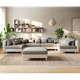 DeLife Wohnlandschaft Clovis XL Weiss Hellgrau Modulsofa Hocker