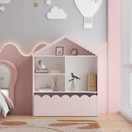 [en.casa] Kinderregal Vestnes 114 x 91 x 30 cm Holz massiv rosa-weiß