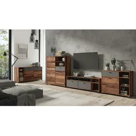 byLIVING Highboard Jackson/großes Sideboard Old Wood Vintage braun / 3-türig braun u. 1 Schubalde in Anthrazit/Wohnzimmerschrank mit 3 Türen und 1 Schubkasten/B 126, H 143, T 40 cm