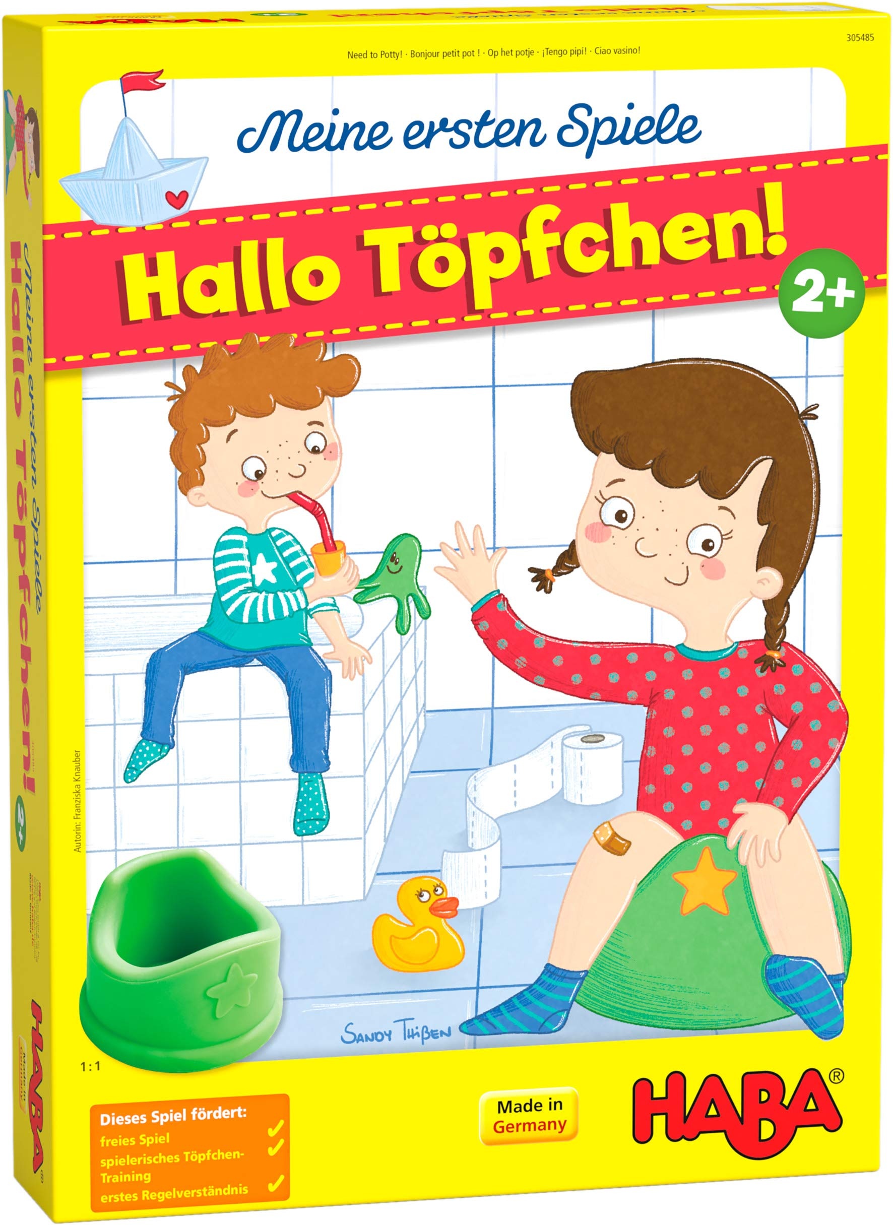 HABA 305485 - Meine ersten Spiele – Hallo Töpfchen! – kooperatives Würfelspiel für 1-4 Spieler ab 2 Jahren, 3D-Spielkulisse mit 2 Motiven für Jungs und Mädchen