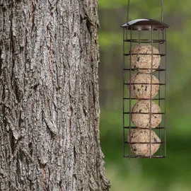 Relaxdays Meisenknödelhalter, zum Aufhängen, mit Dach, HxD 31 x 8,5 cm, Vogelfutterspender für Wildvögel, Metall, braun