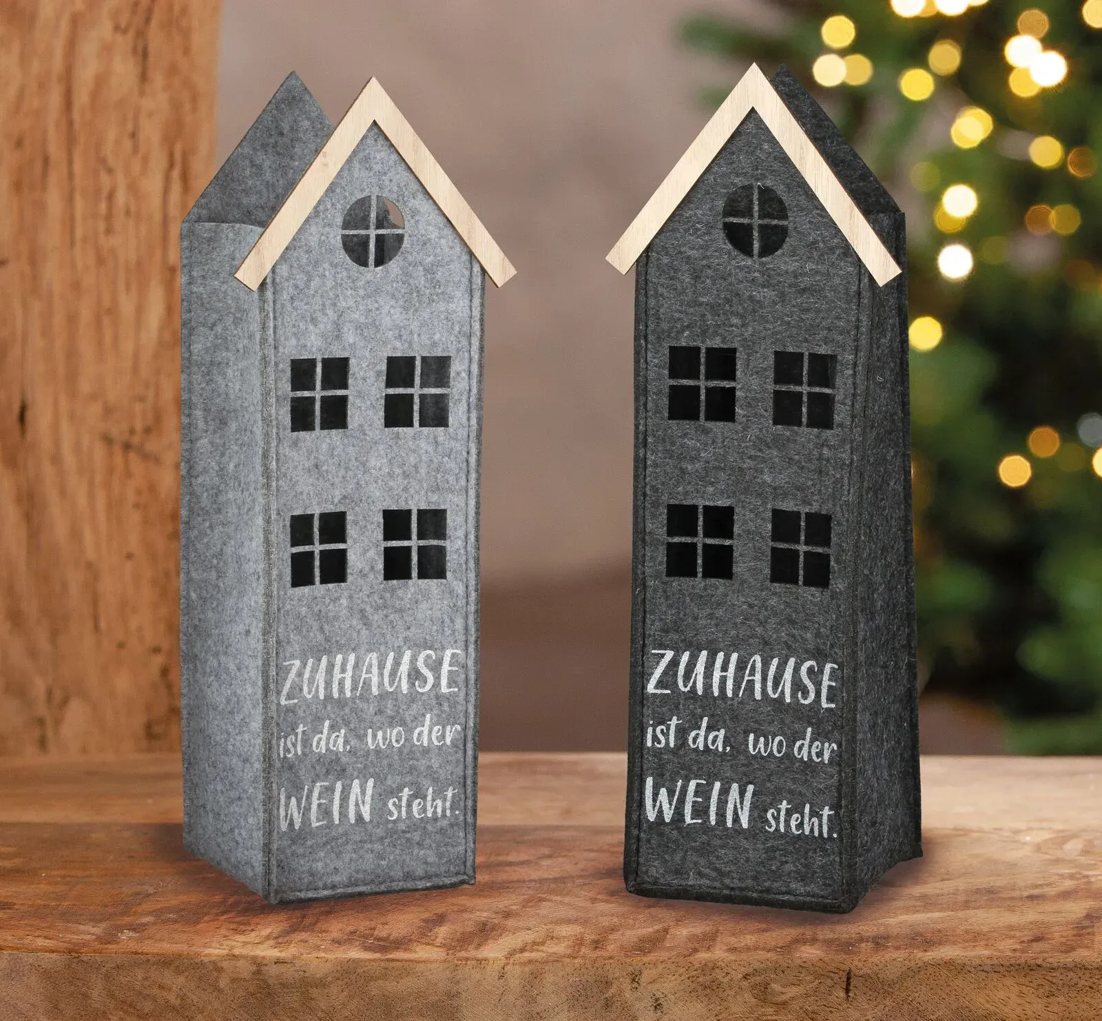 Flaschentasche Haus Filz hellgrau