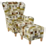 Supellex Ohrensessel Sofia kariert 70 x 100 x 80 cm Beige-Ocker mit Hocker