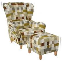 Supellex Ohrensessel Sofia kariert 70 x 100 x 80 cm Beige-Ocker mit Hocker