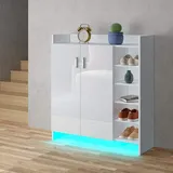 Schuhschrank Hochglanz 2 Türen Schrank Schuhaufbewahrung Organisator mit Verstellbaren 5 Offenen Regalen Schuhständer Regal Holz Sideboard Einheit w/LED Licht Weiß