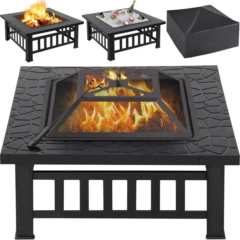 Yaheetech 32 Zoll Außen-Quadrat-Feuerschale Metall-Gartenofen Feuerschale für Grillen, Heizen, Getränkekühlung mit Abdeckung & Schürhaken Schwarz