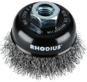 Rhodius Stahl-Topfbürste STBW mit gewelltem Stahldraht für den Einsatz auf Winkelschleifern, 60 x 21 x M14 mm