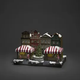 Konstsmide LED Fiberoptikhaus mit Stadtszene und Weihnachtsbaum, mehrfarbig, 31,5 x 23 x 23,5 cm