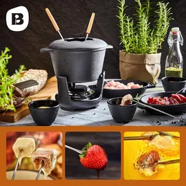 Bonvivre Gusseisen Fondue Set für 6 Personen - 1 Liter - Fondueset 13-teilig mit Brenner und 6 Gabeln - mit Emaille-Beschichtung - Schwarz