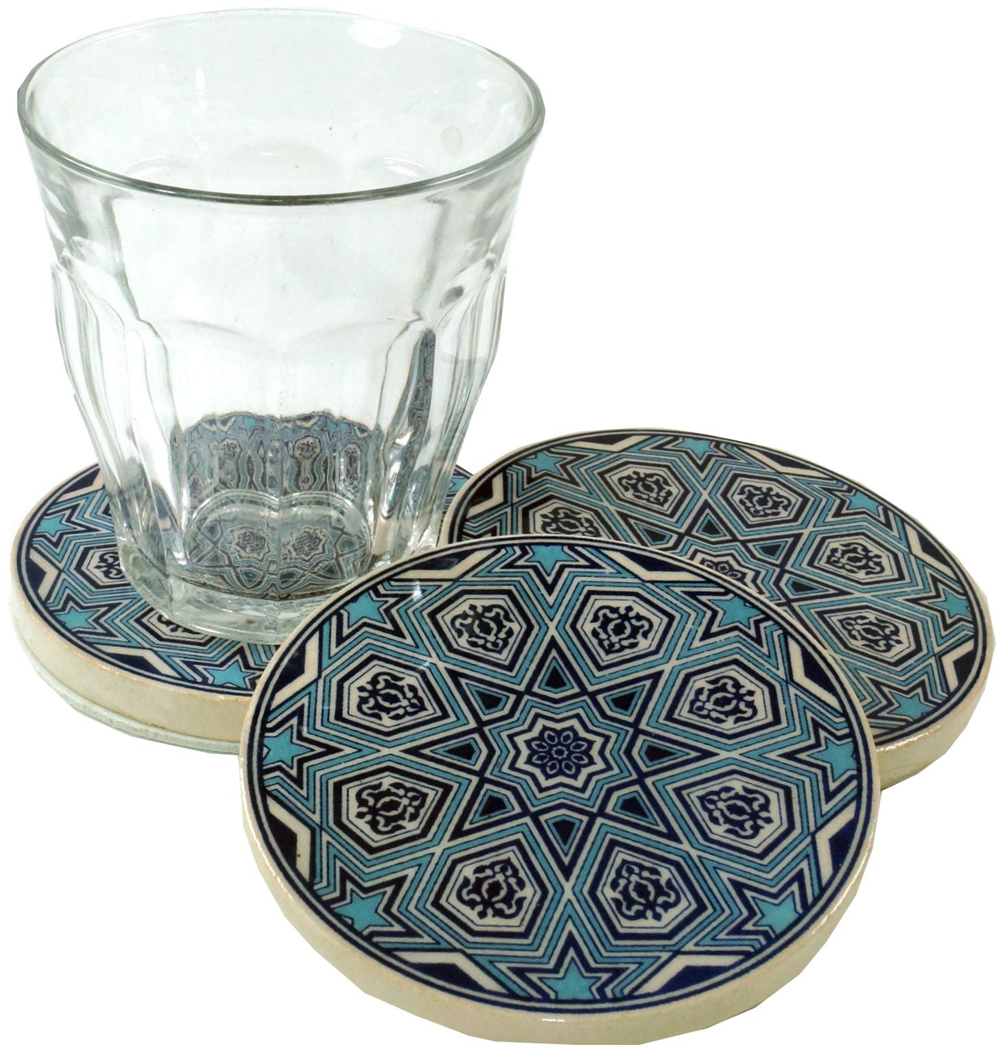 GURU SHOP Orientalischer Keramikuntersetzer, Runder Untersetzer für Gläser, Tassen mit Mandala Motiv Set - Muster 3, Blau, Anzahl: 6 er Set, 1x8x8 cm, Untersetzer, Tabletts