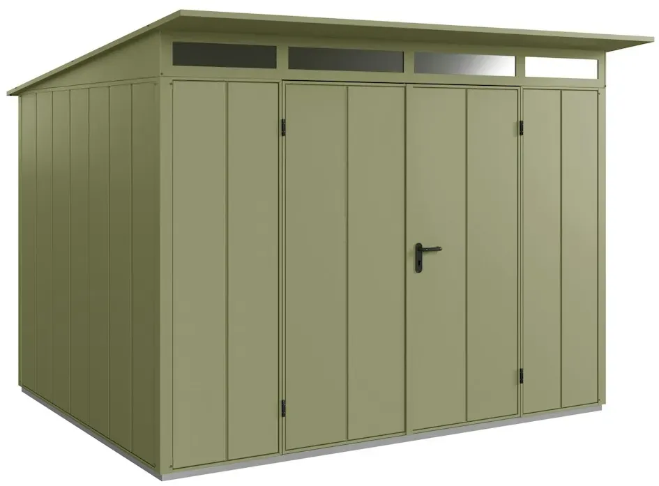 Hörmann Metall-Gerätehaus Berry mit Pultdach B 302 x T 238 cm (Typ 3), Motiv Modern (mit breiten Lamellen), Doppeltür, Schilfgrün (RAL 6013)