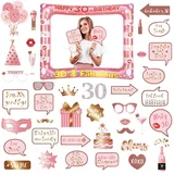 30th Foto Requisiten und Aufblasbarer Rahmen, 40 Stücke Fotobox Accessoires Fotokabine für 30.Geburtstagsfeier, Roségold Party Foto Booth Props Mix von Kappen, Weinglas, Lippen Stift, Krawatte, Kronen