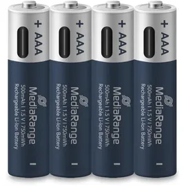 MediaRange wiederaufladbare USB-C Li-Ion Batterien, Micro AAA I 1.5V I 500mAh, 4-Pack