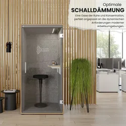 bümö quietlyCast Telefonbox in Weiß-Asteiche mit Schalldämmung, Beleuchtung & Stromanschlüssen, Telefonkabine als Raum-in-Raum System, Telefonzelle