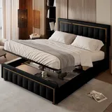 Doppeltes Polsterbett 140x200 cm, hydraulisches Boxspringbett, gepolstertes Kopfteil mit vertikaler Maserung, Goldrand, Samt, geeignet für Erwachsene