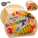 große Holz - Spardose - Alles Gute zum Schulanfang/Schultüte - mit Schlüssel & Schloß - stabile Sparbüchse - 11,5 cm - Sparschwein - für Kinder & Erwachsene..