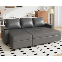 JUMMICO Schlafsofa mit Bettkasten L Form Sofa mit Schlaffunktion 3 Sitzer Couch klein Ecksofa Schlafcouch Ausziehbar Wohnlandschaft für Wohnung und Wohnzimmer Leder Schwarz