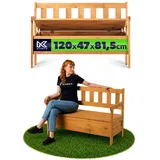KADAX Gartenbank, 120x49x81,5cm Banktruhe aus Einer Holzfaserplatte, Sitzbank mit Stauraum und Rücklehne, Wetterfeste Holzbank für Garten, Balkon (120cm/Braun)