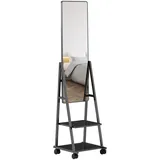Homcom Ganzkörperspiegel, 42 x 155 cm Standspiegel mit Ablage, Stehspiegel mit Rolle, Bodenspiegel für Schlafzimmer, Wohnzimmer, Schwarz Metall, 42x155x37 Spiegel,