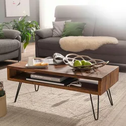 Kadima Design Wohnzimmertisch aus Sheeshamholz, Ablagefach, schwarze Pulverbeschichtung. 100x50x40 cm