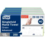 TORK Zickzack Papierhandtücher grün H3, Advanced Falthandtücher für Papierhandtuchspender, saugfähig und reißfest, 2-lagig, 15 x 250 Tücher, 290273