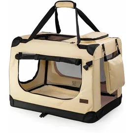 LIONTO Hundetransportbox faltbar stabile Stoffbox mit Mesh-einsätzen, ideal für Auto, Reise & Tierarzt, 60x42x44 cm, beige