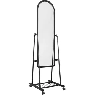 Aigentlich Rollspiegel schwenkbar, Konfektionsspiegel schwarz 158x45x52cm, Eleganter Ankleidespiegel mit Gitter-Ablageboden, bogenförmiger Schwenkspiegel