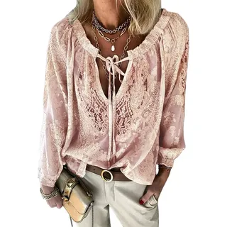 shownicer Bluse Damen Langarm Hemd Boho V-Ausschnitt T-Shirt Spitze Tunika Top Solide Elegant Oberteile Bluse Tops Lange Shirts Herbst und Sommer Rosa L - L