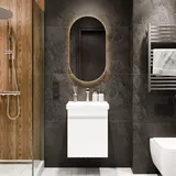 Planetmöbel Cosmia Badmöbel Set Waschbecken mit Unterschrank 50 x 60 x 35 cm Weiß, Badezimmer Spiegel mit Beleuchtung 50 cm, Waschtisch mit Tür