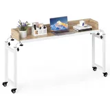 COSTWAY Überbetttisch mit Rollen, Betttisch mit Verstellbarer Höhe & Länge, Pflegetisch mit Schallwand, Schreibtisch, Computertisch Laptoptisch,... - Naturbelassen/Weiß