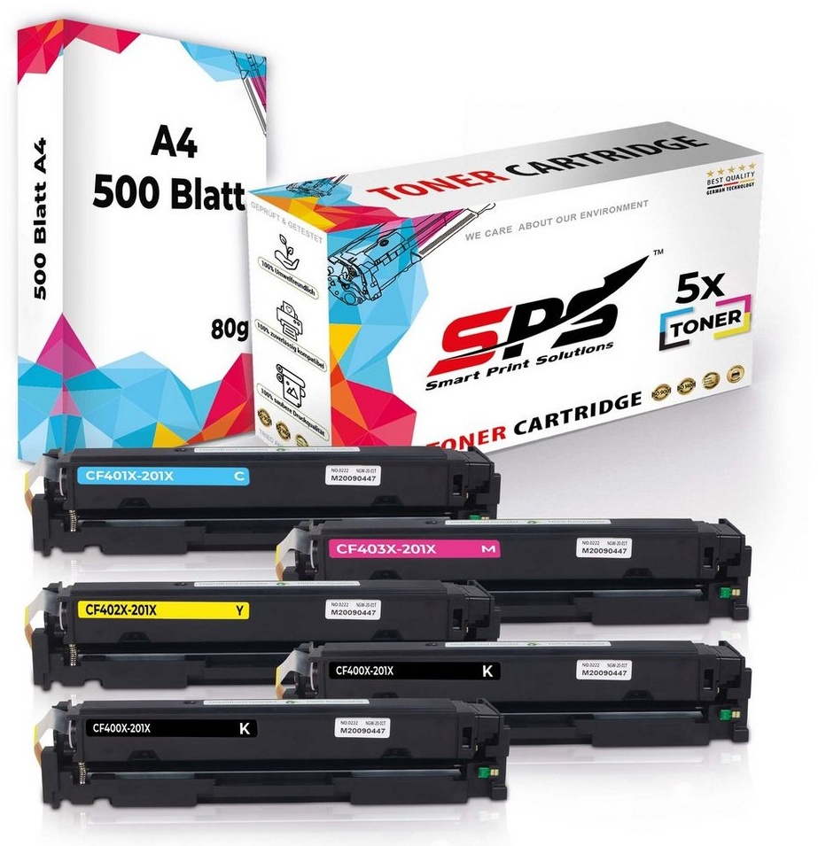 SPS Tonerkartusche Kompatibel für HP Color Laserjet Pro M252N 201X, (5er Pack + A4 Papier, 5x Toner (2x Schwarz, 1x Cyan, 1x Magenta, 1x Gelb), 1x DIN A4 Druckerpapier 500 Blatt) gelb|schwarz