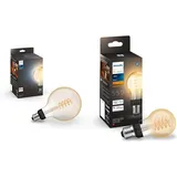 Philips Hue White E27 Filament G125 580 lm & White E27 Filament A60 550lm, warmweißes Licht, dimmbar, steuerbar via App, kompatibel mit Amazon Alexa (Echo, Echo Dot)