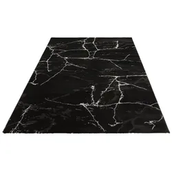 Teppich LEONIQUE "Juliet" Gr. 5, schwarz (schwarz, silber), B:140cm H:12mm L:200cm, Kunstfaser, Teppiche, modernes Marmor-Design, Kurzflor, pflegeleicht, weich