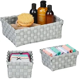 Relaxdays Aufbewahrungskorb 3er Set geflochten aus Kunststoff 21 x 31 x 11 cm grau/weiß