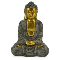 Rivanto® Sitzende Buddha Statue, Höhe 37 cm, Steinoptik Deko Figur mit goldener Haut, für Innen und Außenbereich