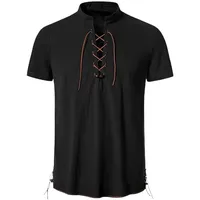 Lovraj Mittelalter Hemd Herren Kurzarm Leinenhemd mit Schnürung Vintage Wikinger Kurzarmhemd Traditioneller Retro-Stil Sommerhemd Sommer Hippie Hemd Luftig Leinen Freizeithemd Cosplay Kostüm - S